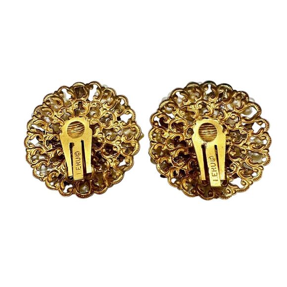 Leru Vintage Crystal Clip On Earrings Cluster Pearl Gold Chunky Signed 1950s - Picture 4 of 11